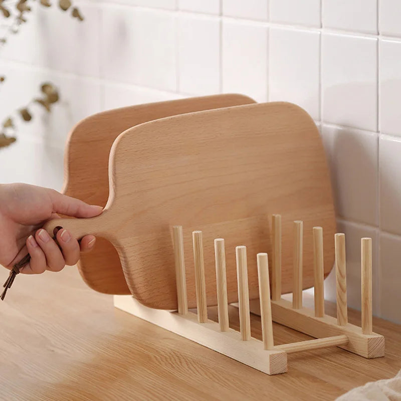 Plate Storage Rack Multifunctional Wooden Dish Rack for Cup Dish Pot Lid Drain Holder Kitchen Organizer Shelf Storage Containe