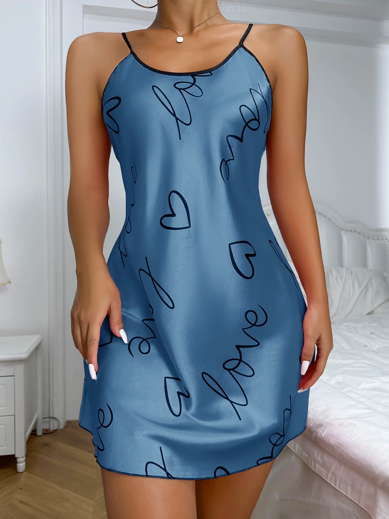 Heart Print Nightdress Elegant Scoop Neck Criss Cross Back Sleep Dress Women's Sleepwear