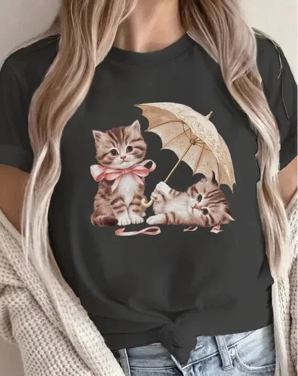 Cute Cat Printed Round Neck T-shirt for Spring and Summer Casual Short Sleeved Plus Size Top for Women's Loose Clothing