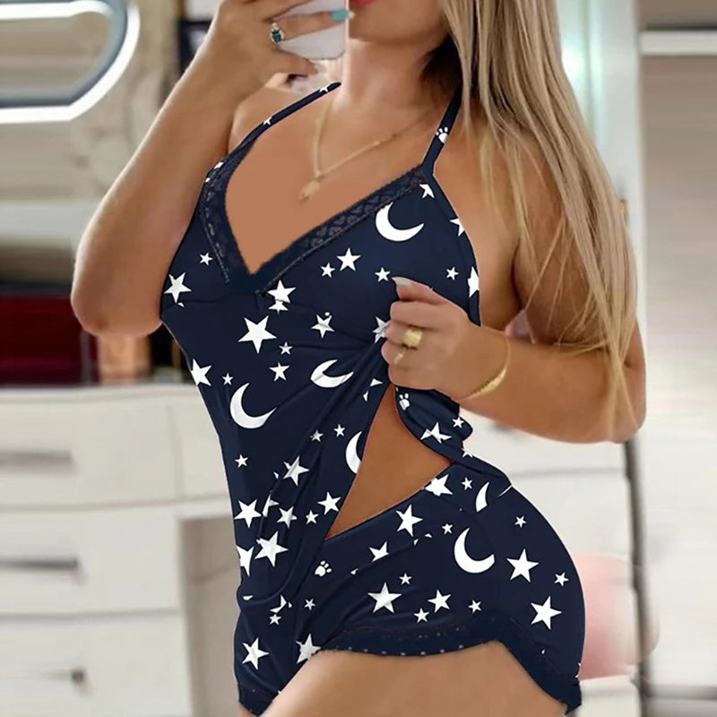 Sexy Lingerie Bow Color Matching Suspenders Two Piece Set Pajamas