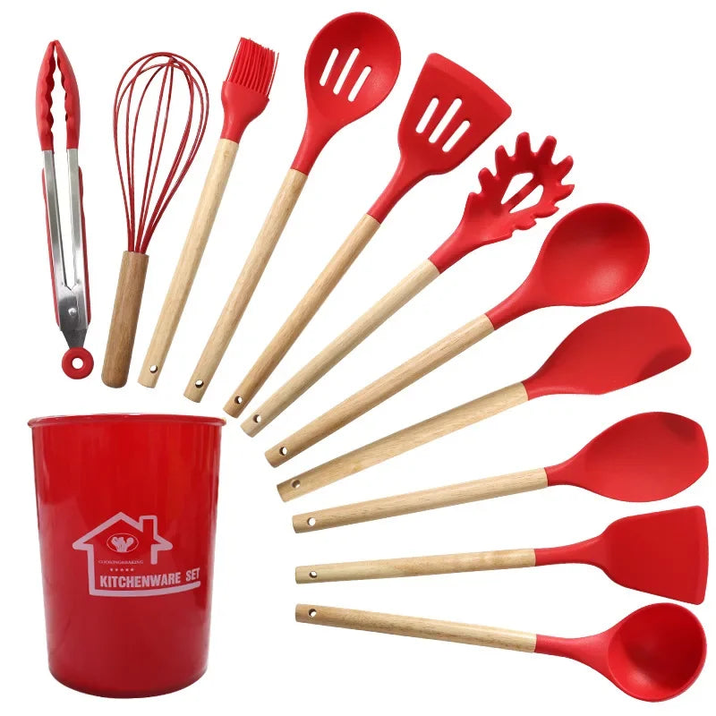 12PCS Silicone Non-Stick Cookware Kitchen Utensils Set for Kitchen Wooden Handle Spatula Egg Beaters Kitchenware Accessories