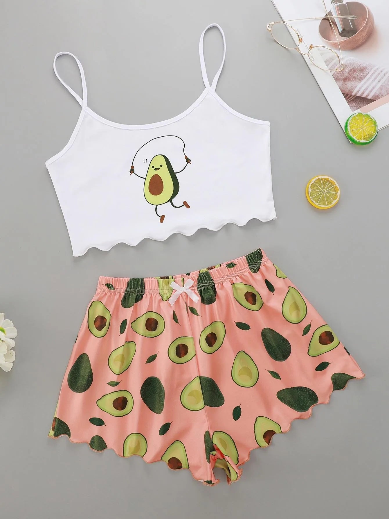 Summer Pajamas Set for Women Avocado Print Camisole with Shorts Casual Sexy Lingerie Nightie Homewear Sleepwear Underwear