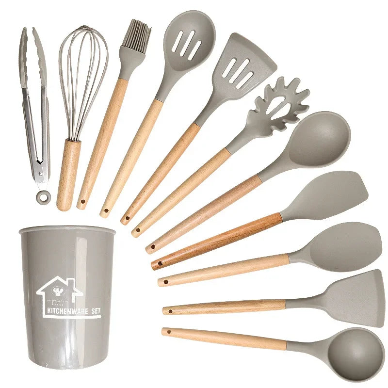 12PCS Silicone Non-Stick Cookware Kitchen Utensils Set for Kitchen Wooden Handle Spatula Egg Beaters Kitchenware Accessories