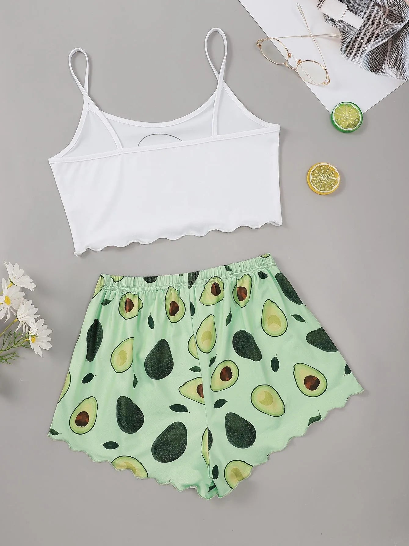 Summer Pajamas Set for Women Avocado Print Camisole with Shorts Casual Sexy Lingerie Nightie Homewear Sleepwear Underwear