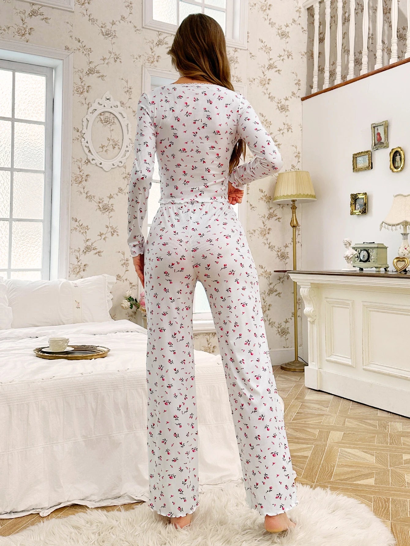 Women's Sleepwear Ditsy Floral Print Lettuce Trim PaJamas Set Elastic Waistband Loungewear Full Sleeve Nightwear