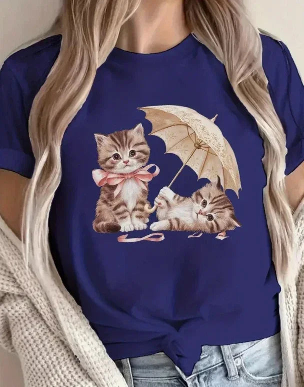 Cute Cat Printed Round Neck T-shirt for Spring and Summer Casual Short Sleeved Plus Size Top for Women's Loose Clothing