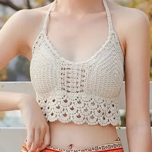 Woman Sexy Top Crochet Tank Tops Women Corset Femme Tanks Crop Camisole Fashion Knit Camis Built In Bra Back Lace Halter Neck