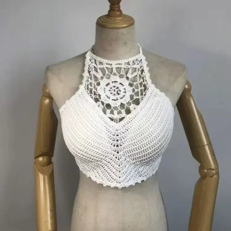 Woman Sexy Top Crochet Tank Tops Women Corset Femme Tanks Crop Camisole Fashion Knit Camis Built In Bra Back Lace Halter Neck