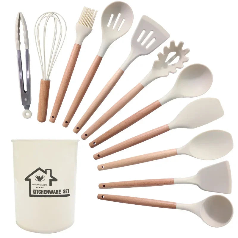 12PCS Silicone Non-Stick Cookware Kitchen Utensils Set for Kitchen Wooden Handle Spatula Egg Beaters Kitchenware Accessories