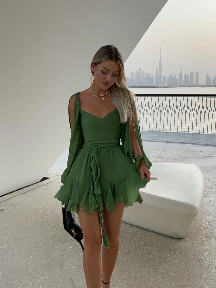 Women Fashion Chiffon Pleated Lace Up High Waist Mini Dress Chic Green Hollow Out Full Sleeve A-line Dresses Lady Beach Robes 