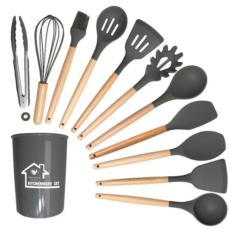 12PCS Silicone Non-Stick Cookware Kitchen Utensils Set for Kitchen Wooden Handle Spatula Egg Beaters Kitchenware Accessories