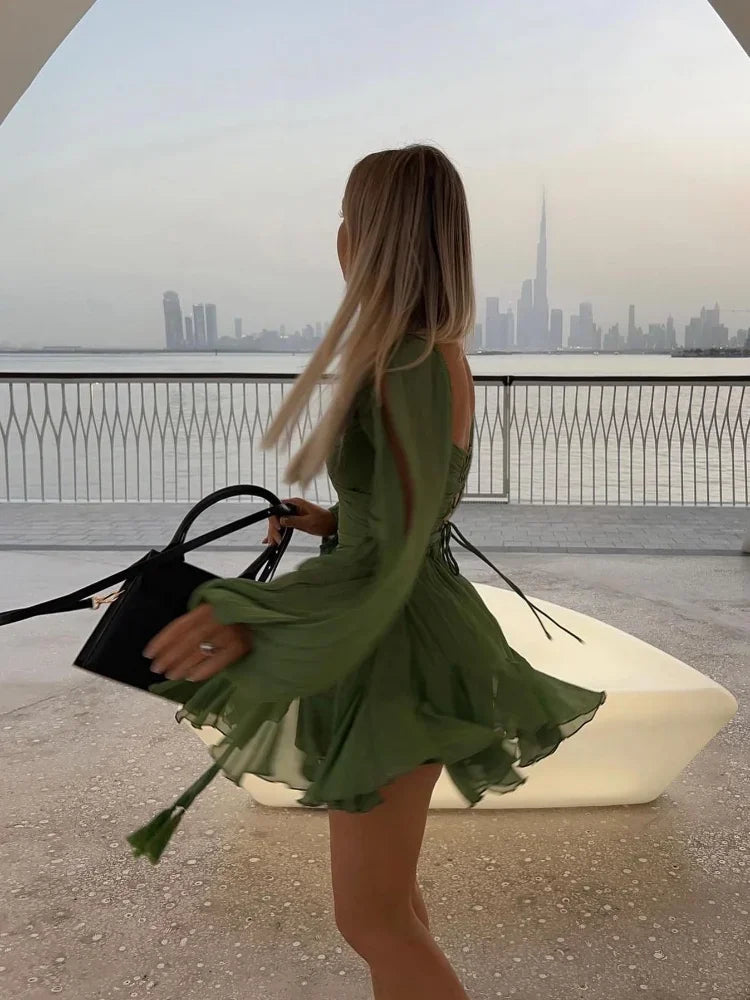 Women Fashion Chiffon Pleated Lace Up High Waist Mini Dress Chic Green Hollow Out Full Sleeve A-line Dresses Lady Beach Robes 