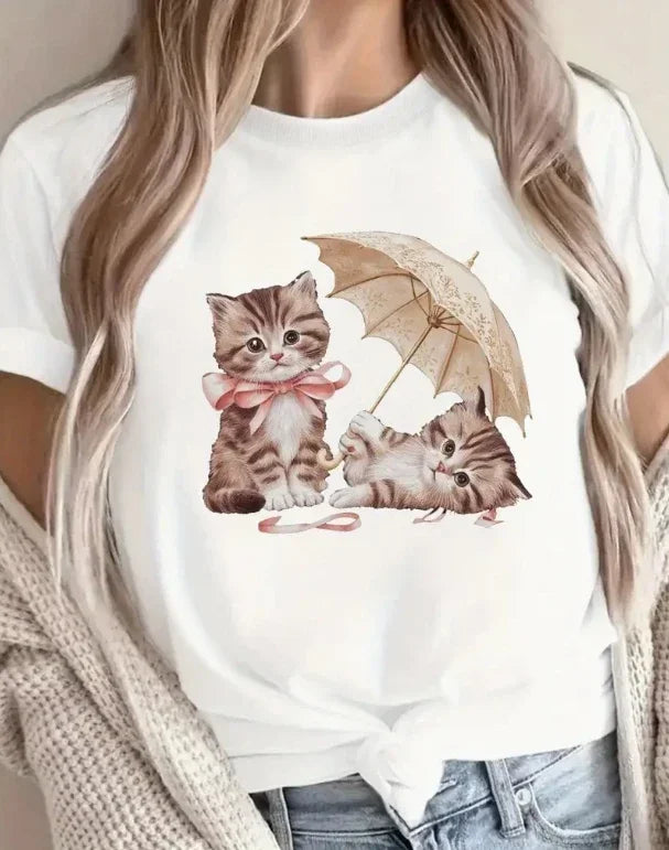 Cute Cat Printed Round Neck T-shirt for Spring and Summer Casual Short Sleeved Plus Size Top for Women's Loose Clothing