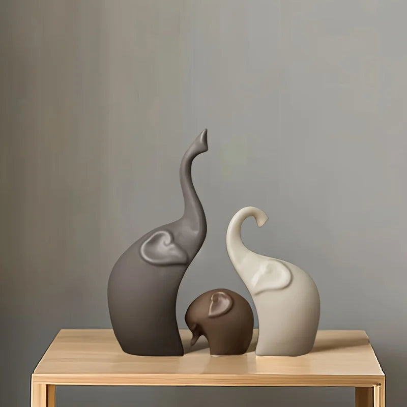 1set Nordic-Style Large Ceramic Elephant Family Figurine Set Matte Finish Animal Sculpture Entryway Decoration Unique Gift Idea