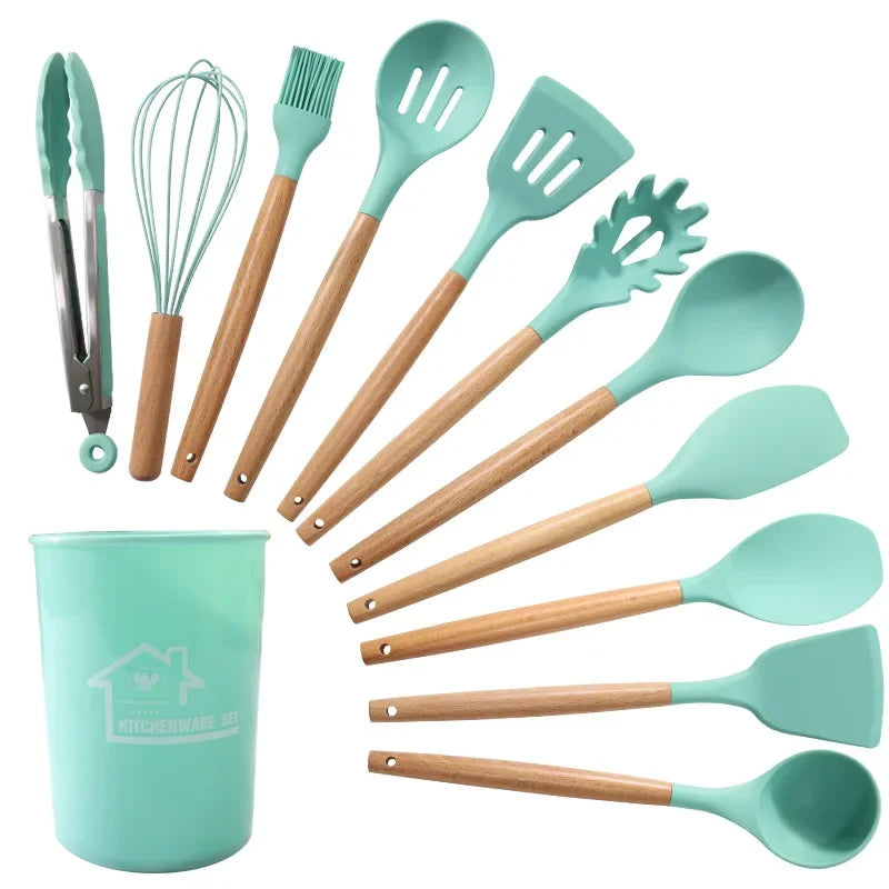 12PCS Silicone Non-Stick Cookware Kitchen Utensils Set for Kitchen Wooden Handle Spatula Egg Beaters Kitchenware Accessories