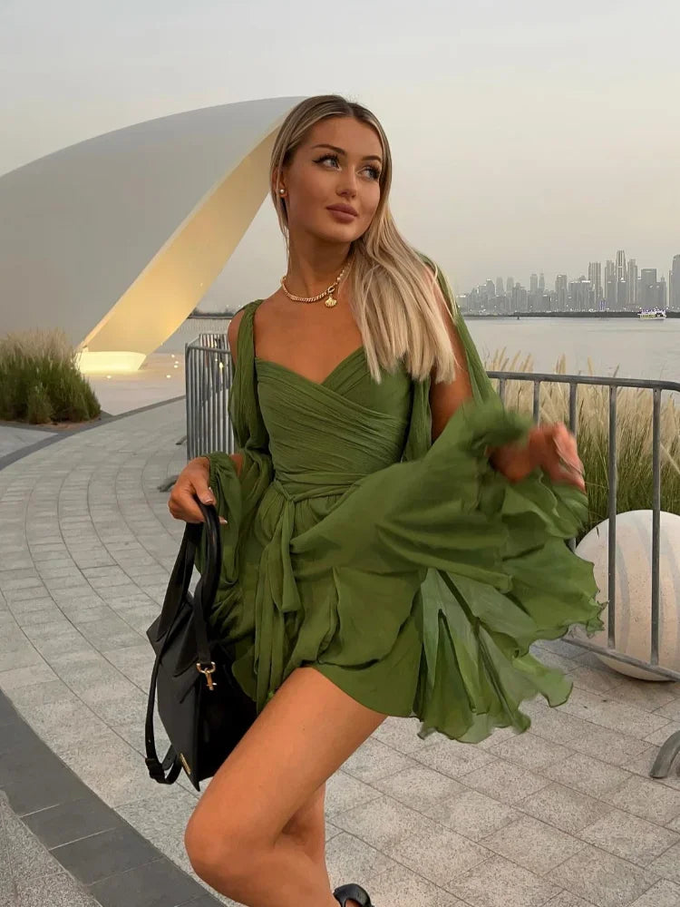 Women Fashion Chiffon Pleated Lace Up High Waist Mini Dress Chic Green Hollow Out Full Sleeve A-line Dresses Lady Beach Robes 