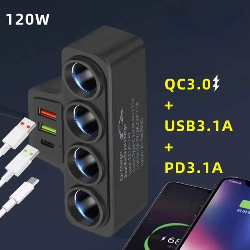 12V/24V Car Cigarette Lighter Adapter New 4-Socket 3.1A Charger Charger USB Car USB+QC3.0+PD3.1A Accessories Port USB 120W