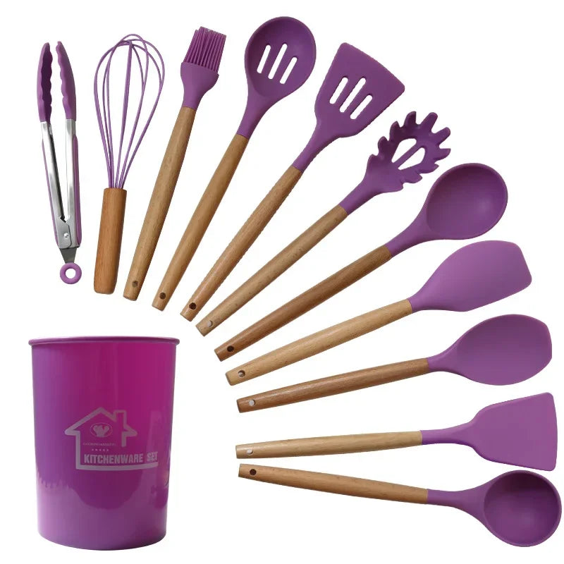 12PCS Silicone Non-Stick Cookware Kitchen Utensils Set for Kitchen Wooden Handle Spatula Egg Beaters Kitchenware Accessories