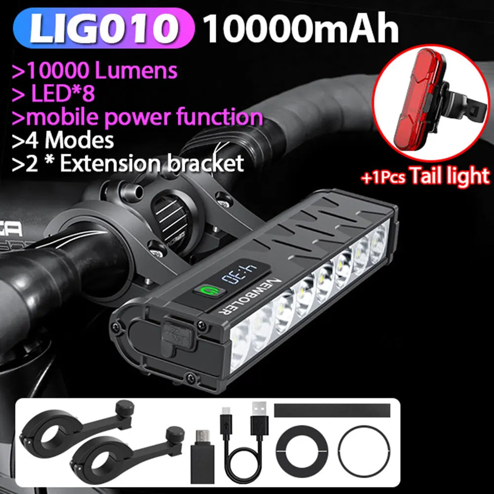 NEWBOLER Bicycle Light Front 10000Lumen Bike Light 10000mAh Waterproof Flashlight USB Charging MTB Road Cycling Lamp Accessories