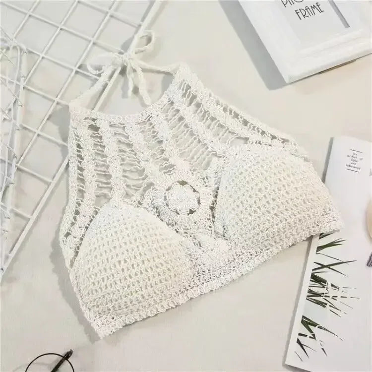 Woman Sexy Top Crochet Tank Tops Women Corset Femme Tanks Crop Camisole Fashion Knit Camis Built In Bra Back Lace Halter Neck