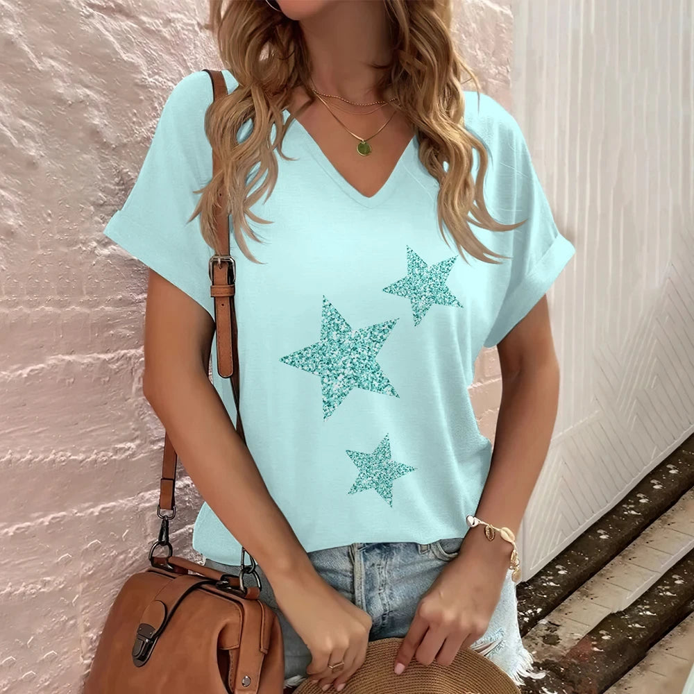 Fashion T Shirt for Women V-Neck Short Sleeve Tops Streetwear Harajuku Ladies Y2k Clothing Sexy Womens T-Shirt Casual Clothing