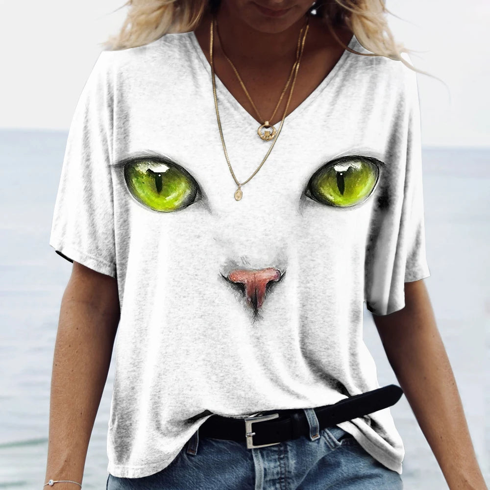 Women's T-Shirt Kawaii Cat Print 3d T Shirt Top Fashion Y2k Short Sleeve Tees V-Neck Female Clothing Oversized Summer T Shirts