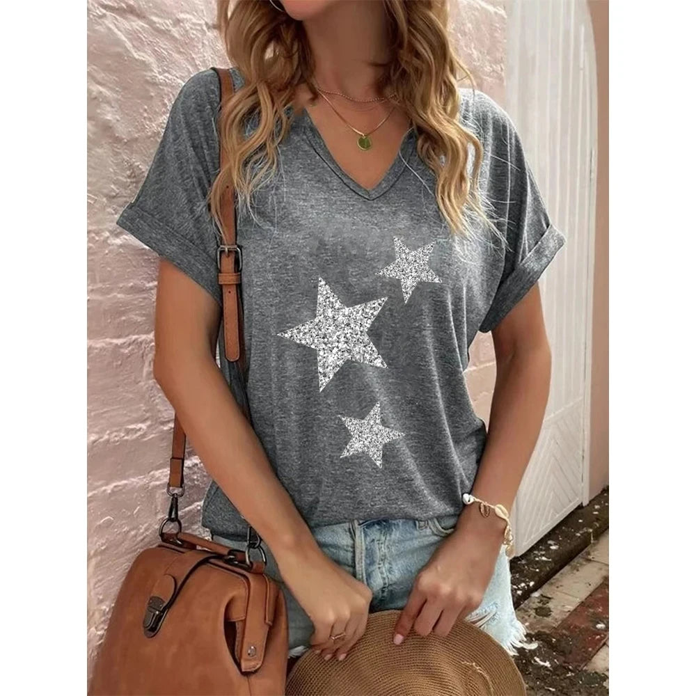 Fashion T Shirt for Women V-Neck Short Sleeve Tops Streetwear Harajuku Ladies Y2k Clothing Sexy Womens T-Shirt Casual Clothing