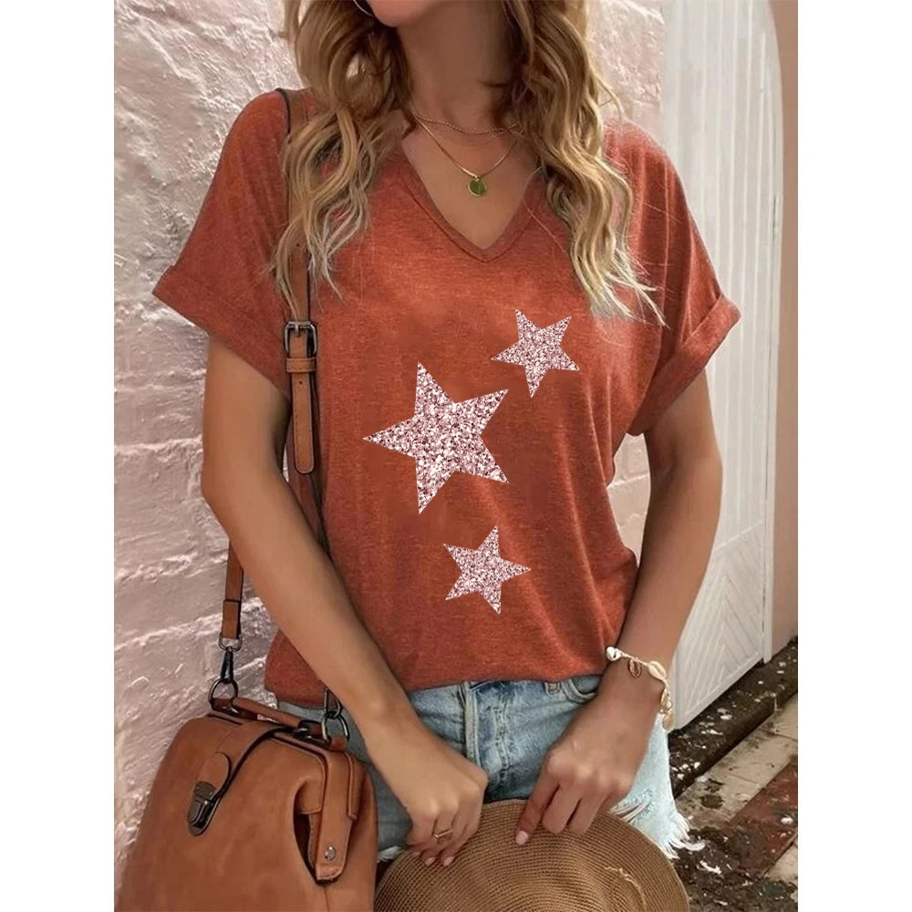 Fashion T Shirt for Women V-Neck Short Sleeve Tops Streetwear Harajuku Ladies Y2k Clothing Sexy Womens T-Shirt Casual Clothing