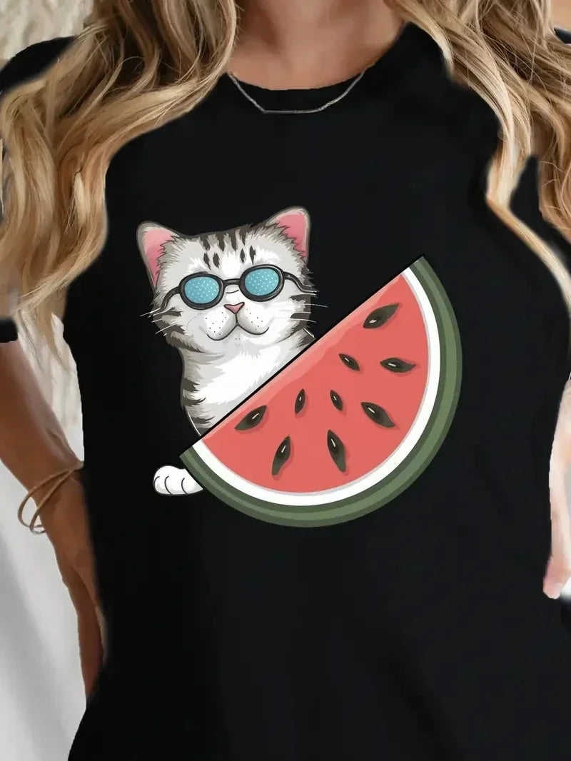 Cat and Beast Pattern Round Neck T-shirt Classic Comfortable Short Sleeved Casual Loose Plus Size Daily Women's Clothing