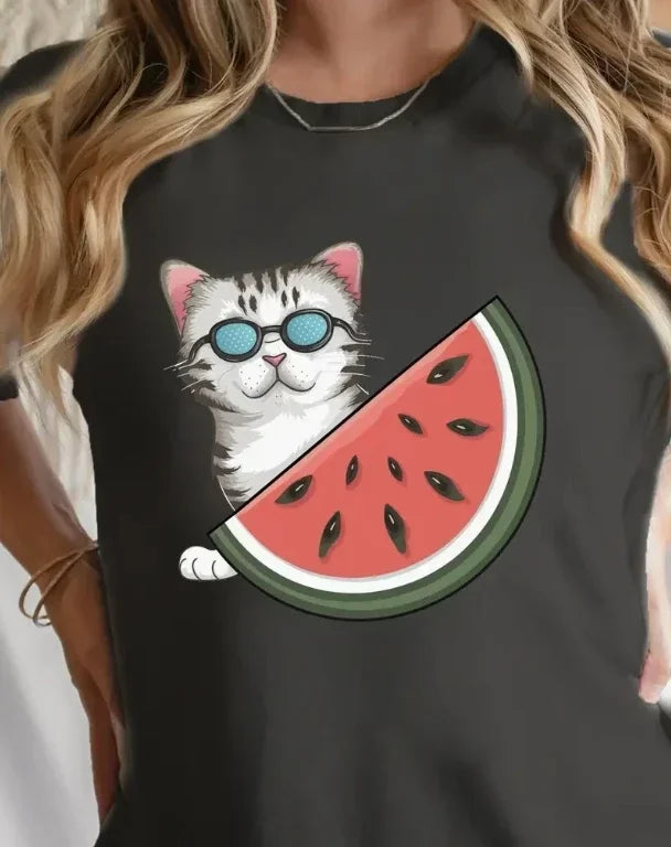 Cat and Beast Pattern Round Neck T-shirt Classic Comfortable Short Sleeved Casual Loose Plus Size Daily Women's Clothing