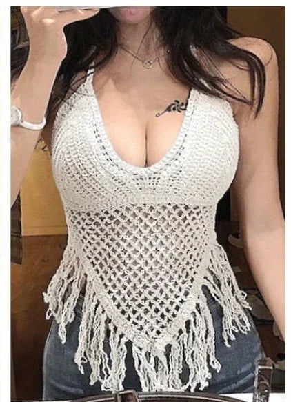 Woman Sexy Top Crochet Tank Tops Women Corset Femme Tanks Crop Camisole Fashion Knit Camis Built In Bra Back Lace Halter Neck