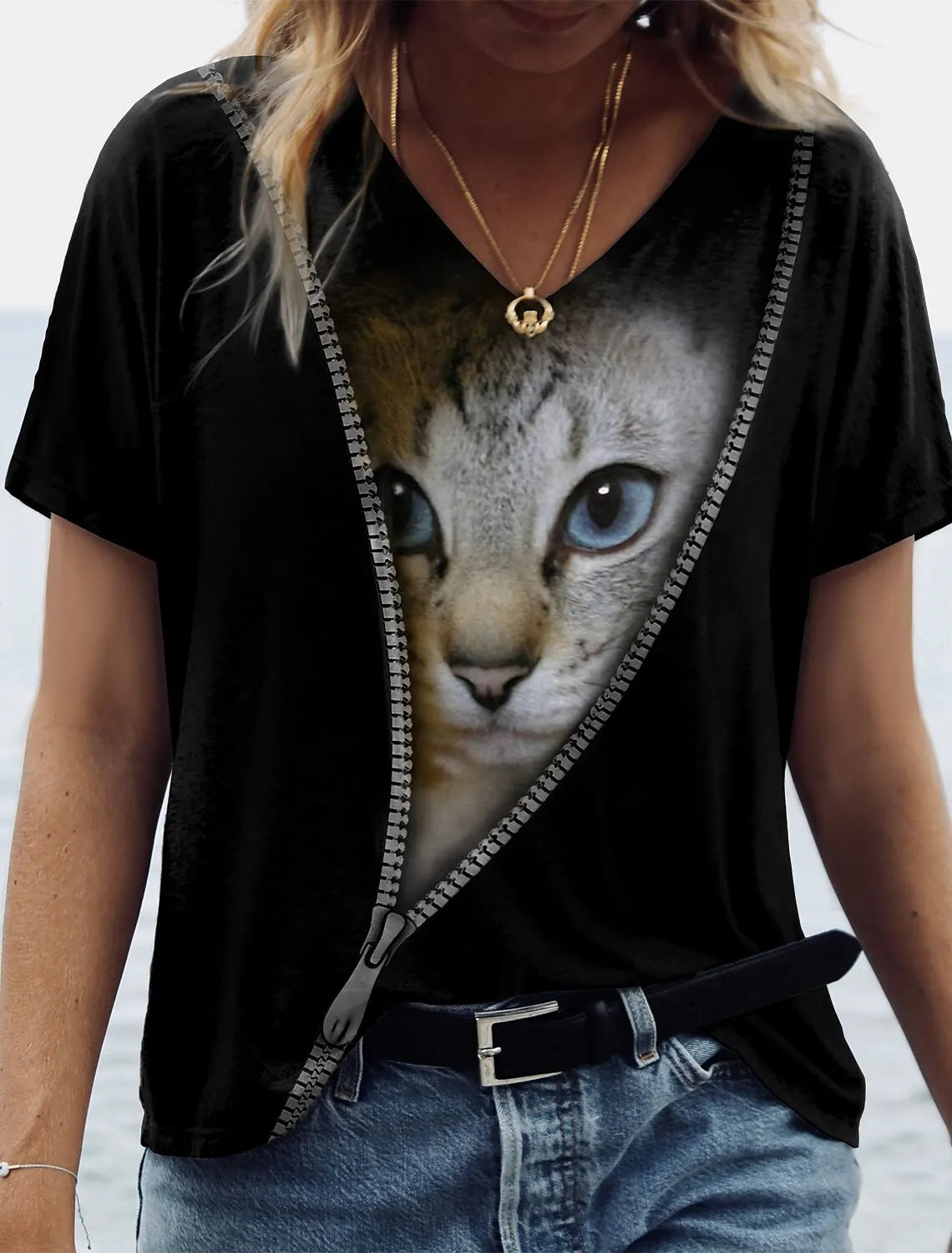 Women's T-Shirt Kawaii Cat Print 3d T Shirt Top Fashion Y2k Short Sleeve Tees V-Neck Female Clothing Oversized Summer T Shirts