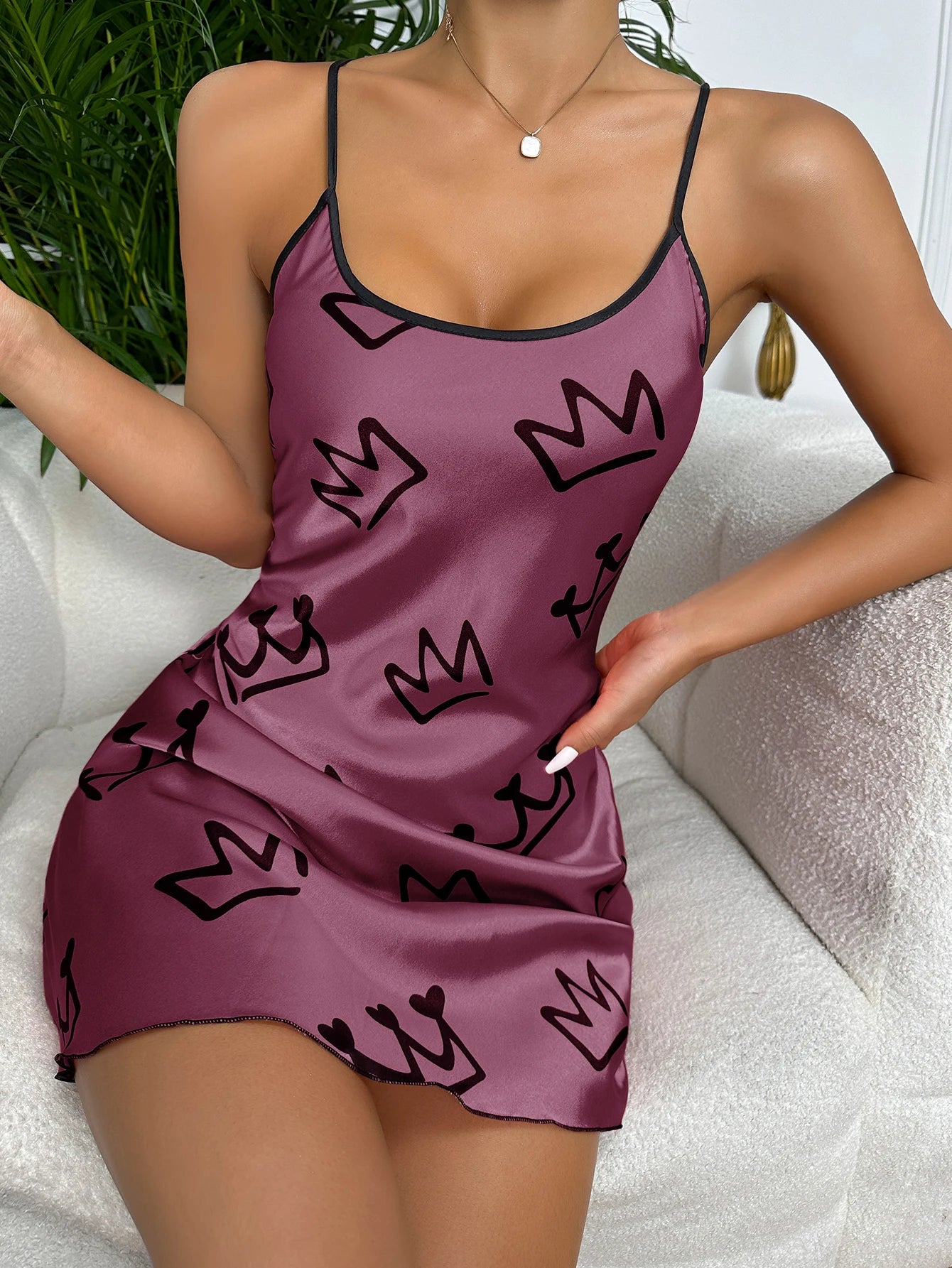 Heart Print Nightdress Elegant Scoop Neck Criss Cross Back Sleep Dress Women's Sleepwear
