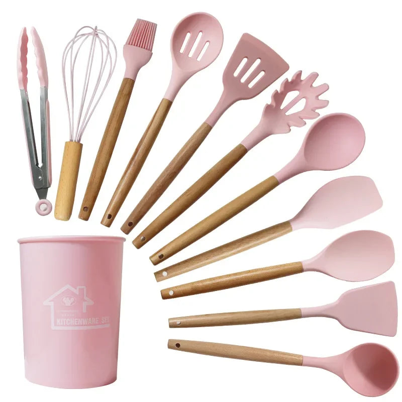 12PCS Silicone Non-Stick Cookware Kitchen Utensils Set for Kitchen Wooden Handle Spatula Egg Beaters Kitchenware Accessories