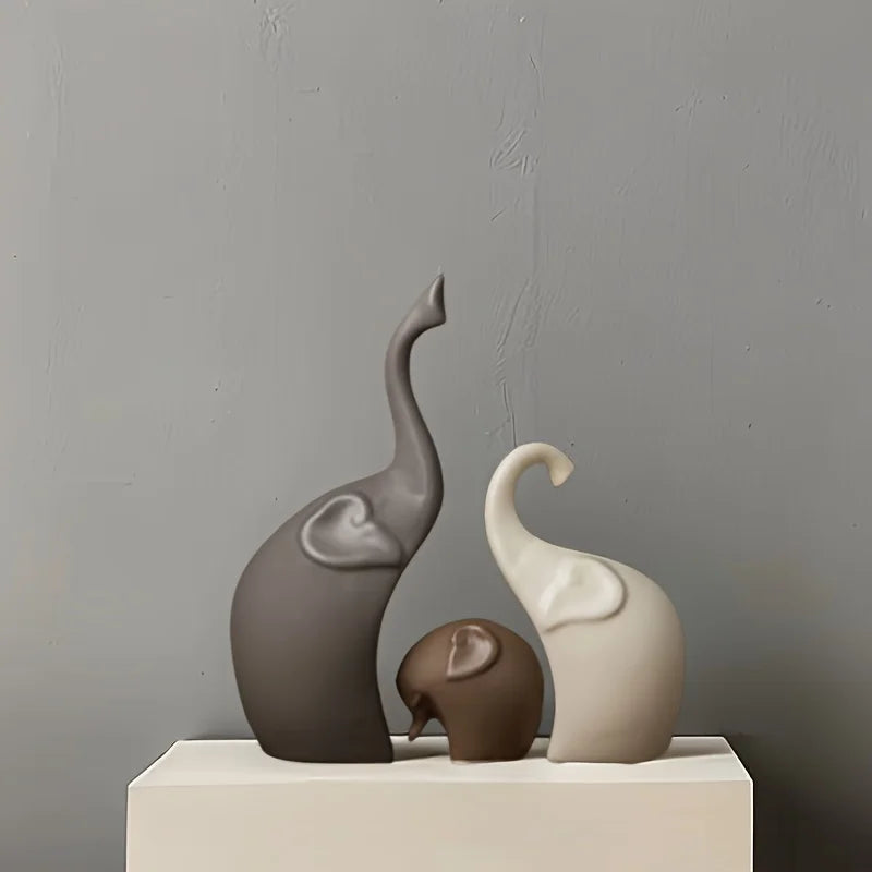 1set Nordic-Style Large Ceramic Elephant Family Figurine Set Matte Finish Animal Sculpture Entryway Decoration Unique Gift Idea