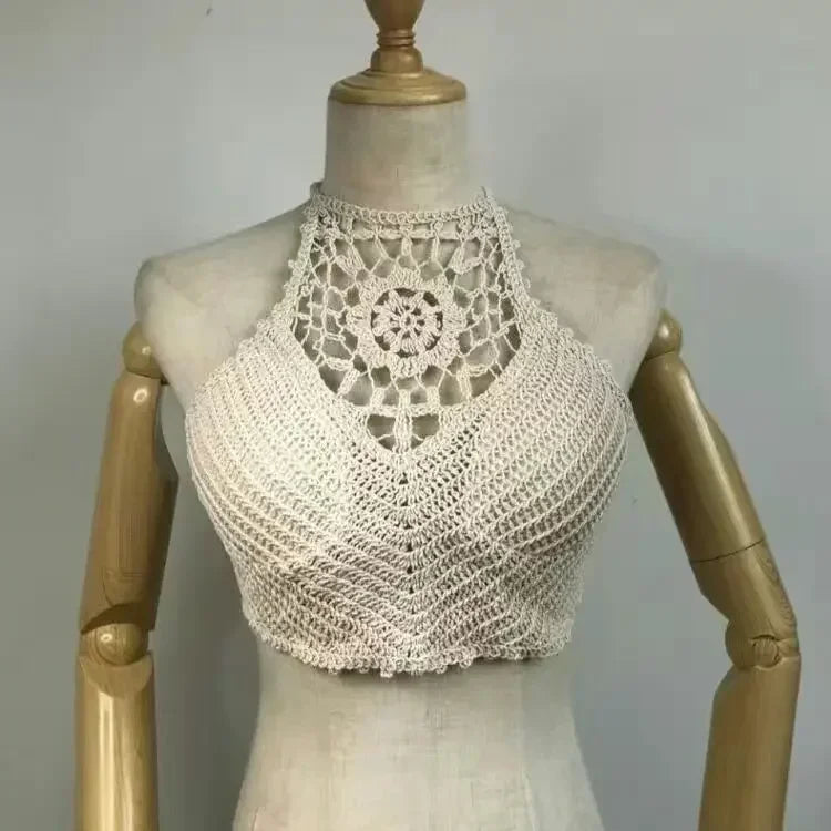 Woman Sexy Top Crochet Tank Tops Women Corset Femme Tanks Crop Camisole Fashion Knit Camis Built In Bra Back Lace Halter Neck