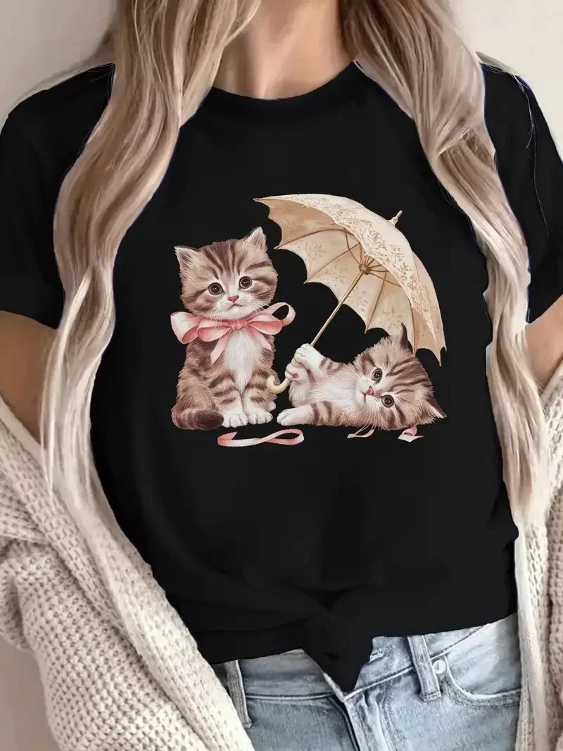 Cute Cat Printed Round Neck T-shirt for Spring and Summer Casual Short Sleeved Plus Size Top for Women's Loose Clothing