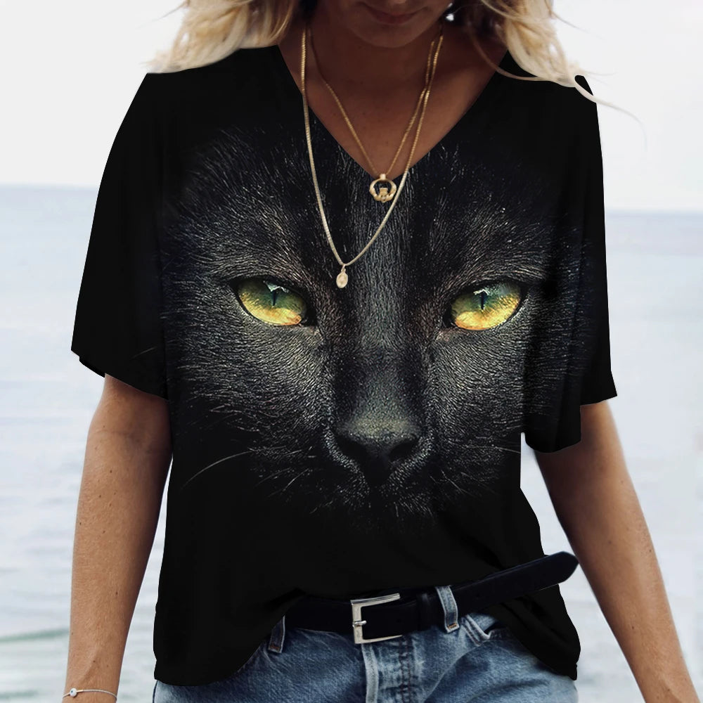 Women's T-Shirt Kawaii Cat Print 3d T Shirt Top Fashion Y2k Short Sleeve Tees V-Neck Female Clothing Oversized Summer T Shirts
