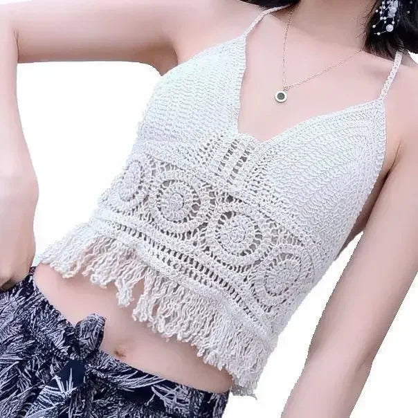 Woman Sexy Top Crochet Tank Tops Women Corset Femme Tanks Crop Camisole Fashion Knit Camis Built In Bra Back Lace Halter Neck
