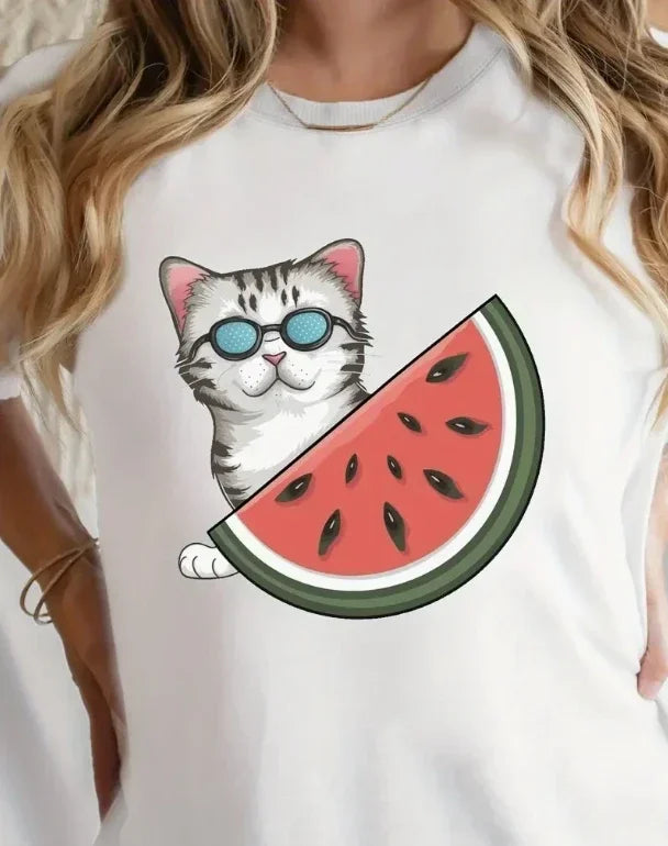 Cat and Beast Pattern Round Neck T-shirt Classic Comfortable Short Sleeved Casual Loose Plus Size Daily Women's Clothing