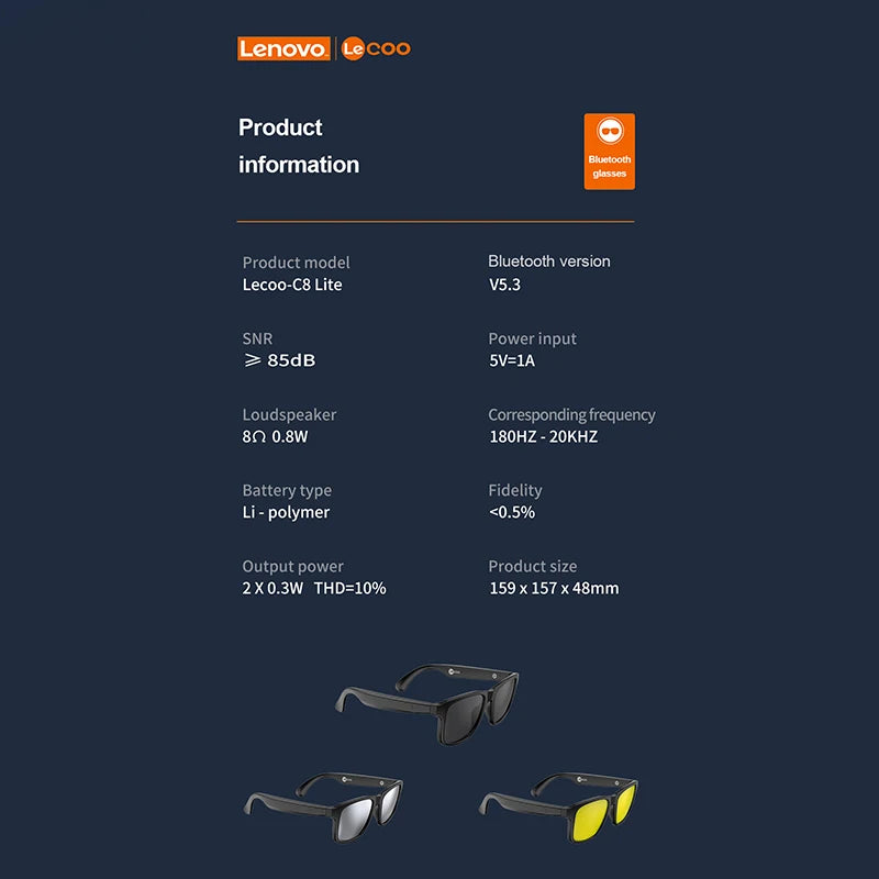 New Lenovo Lecoo C8 Lite Sunglasses Earphone Bluetooth 5.3 Outdoor Sport HiFi HD Call Eyeglasses Anti Blue Wireless Driving