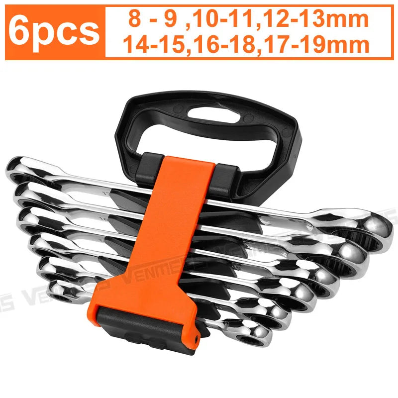 Double Box End Ratcheting Wrench set,Heavy Duty Cr-V Box Ratchet Combination Wrenches Gear Spanner set with Rack Organizer