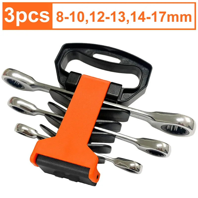 Double Box End Ratcheting Wrench set,Heavy Duty Cr-V Box Ratchet Combination Wrenches Gear Spanner set with Rack Organizer