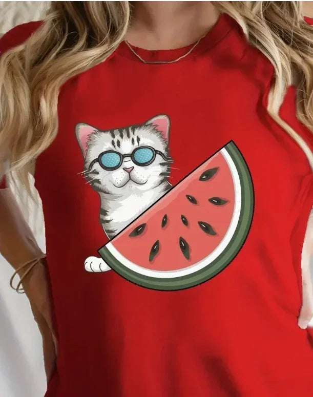 Cat and Beast Pattern Round Neck T-shirt Classic Comfortable Short Sleeved Casual Loose Plus Size Daily Women's Clothing